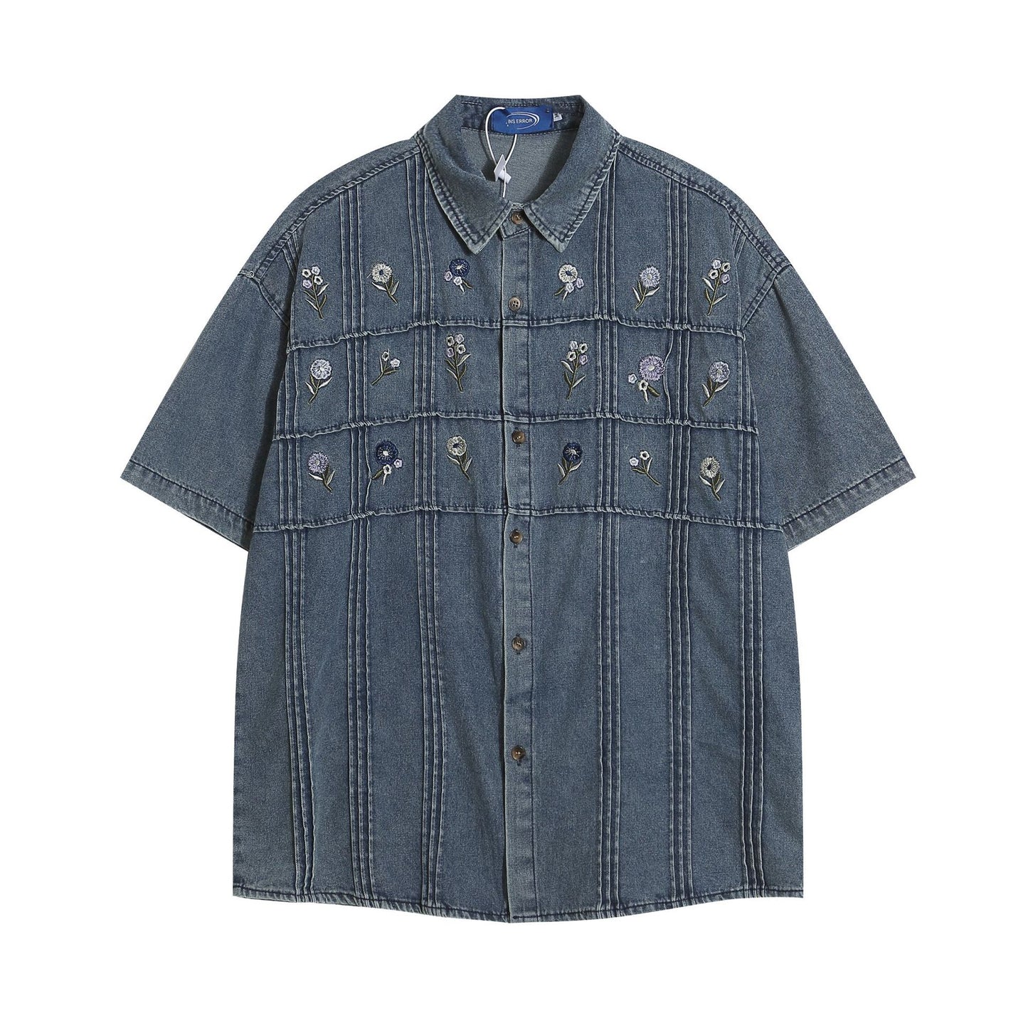 𝔼mbro 𝕊hirt𒉽美式復古重工藝格子刺繡牛仔寬鬆短袖襯衫外套