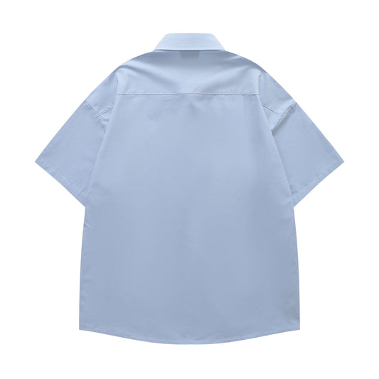 𝔼mbro 𝕊hirt𒉽日式復古花卉刺繡短袖百搭休閒襯衫 (藍色)