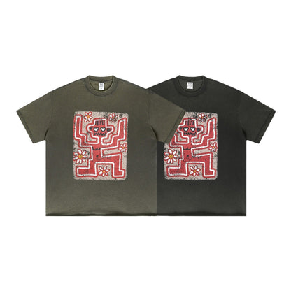 ▶𝔽𝕦𝕤𝕚𝕠𝕟 𝔽𝕠𝕔𝕦𝕤 ⌘𝓦𝓪𝓼𝓱𝓮𝓭 𝔀𝓲𝓷𝓭 ◀ 2025美式復古潮牌水洗做舊趣味花朵印花短袖Vintage街頭寬鬆T恤 TZ-15