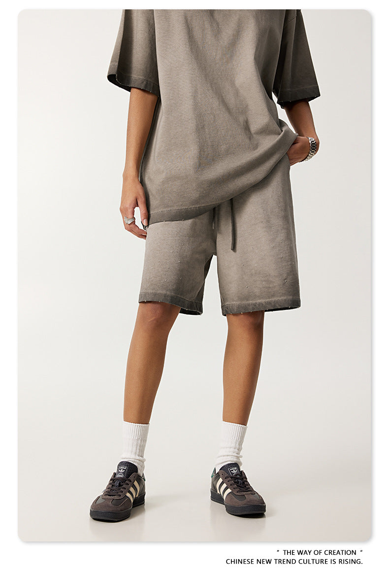 ♛𝔽𝕦𝕤𝕚𝕠𝕟 𝔽𝕠𝕔𝕦𝕤 ♛2025夏季復古街頭VINE風漸變寬鬆運動休閒五分褲 K-76