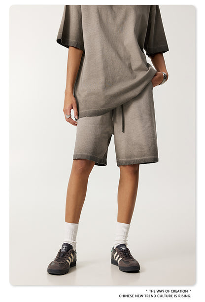 ♛𝔽𝕦𝕤𝕚𝕠𝕟 𝔽𝕠𝕔𝕦𝕤 ♛2025夏季復古街頭VINE風漸變寬鬆運動休閒五分褲 K-76