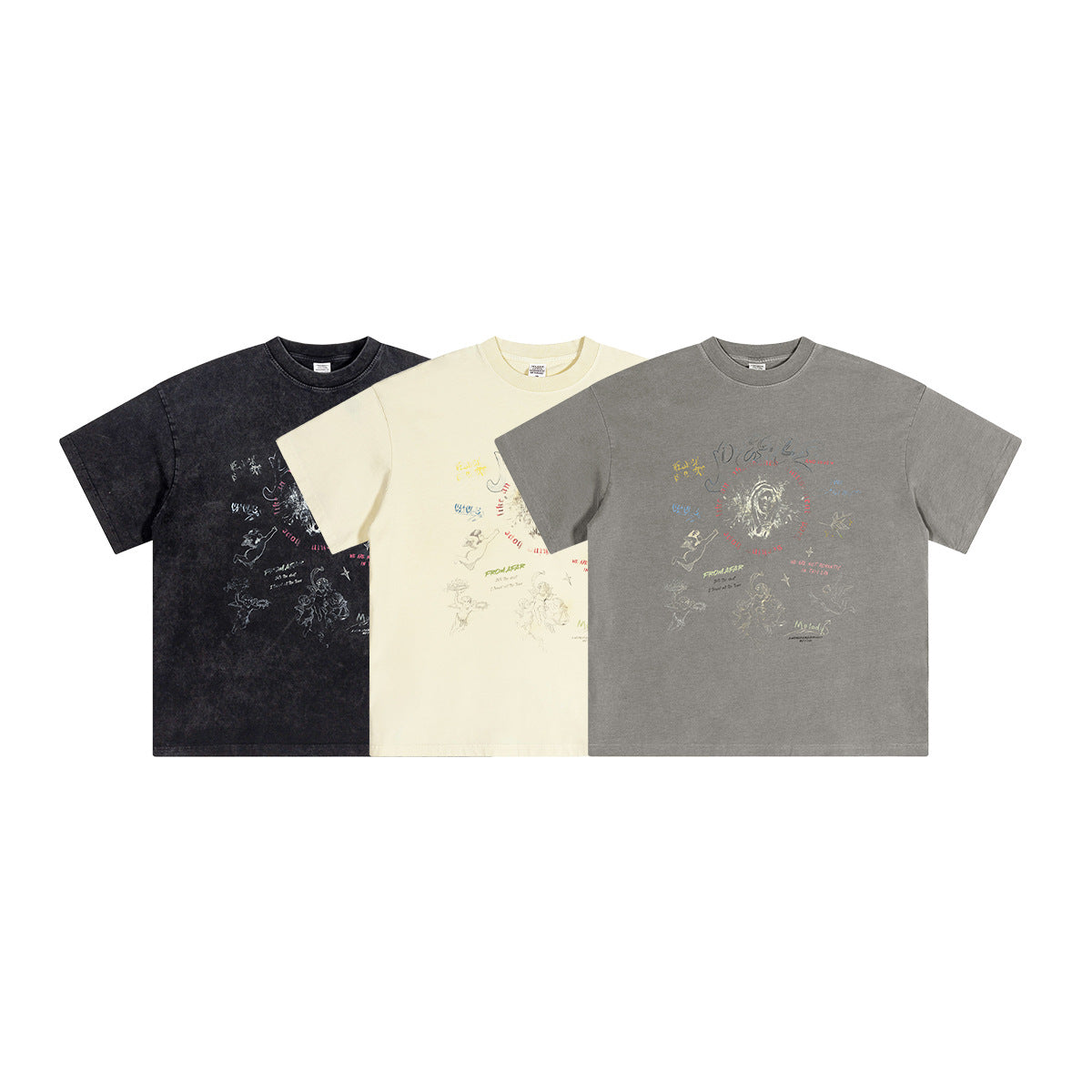 ▶𝔽𝕦𝕤𝕚𝕠𝕟 𝔽𝕠𝕔𝕦𝕤 ⌘𝓦𝓪𝓼𝓱𝓮𝓭 𝔀𝓲𝓷𝓭 ◀ 2025春夏復古潮牌Vintage水洗天使印花圓領情侣款短袖街頭T恤 TZ-10