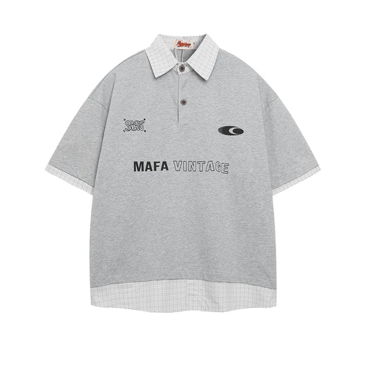 Polo Shirt𒉽美式復古印花字母假兩件翻領POLO衫IN-09