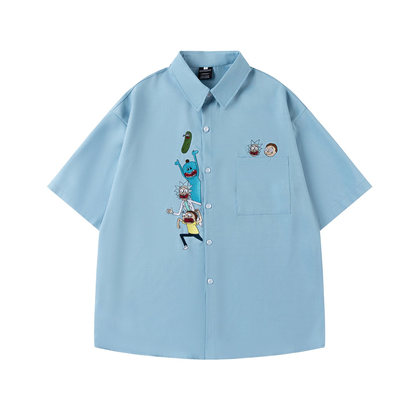 𝔼mbro 𝕊hirt𒉽日式復古卡通刺繡翻領短袖襯衫R-86