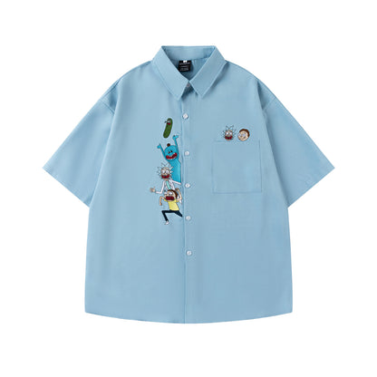 𝔼mbro 𝕊hirt𒉽日式復古卡通刺繡翻領短袖襯衫R-86