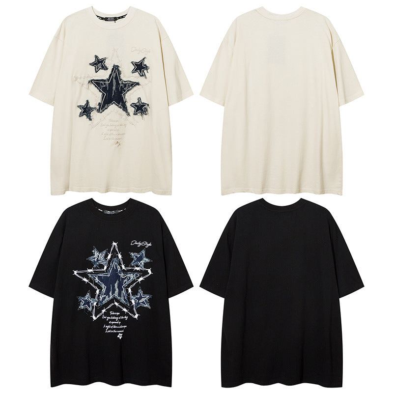 𝕃oose 𝔽it ☞𝟤𝟢𝟤𝟧 ☜美式復古荊棘星星牛仔貼布圓領男女中性 T-Shirt寬版上衣 D-X211