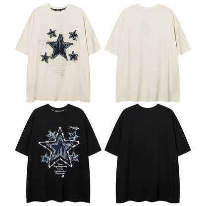 𝕃oose 𝔽it ☞𝟤𝟢𝟤𝟧 ☜美式復古荊棘星星牛仔貼布圓領男女中性 T-Shirt寬版上衣 D-X211