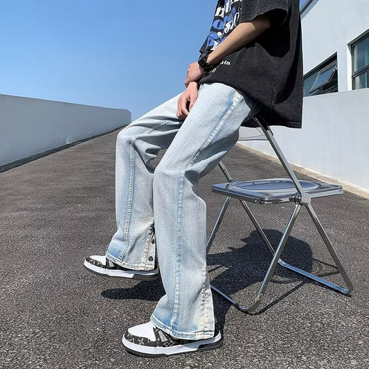 ♜  𝔽𝕦𝕤𝕚𝕠𝕟 𝔽𝕠𝕔𝕦𝕤  𖥟 𝖏𝖊𝖆𝖓𝖘  ☞ 牛仔褲夏季新款潮流ins時尚簡約扭扣設計寬鬆直筒長褲 D-109