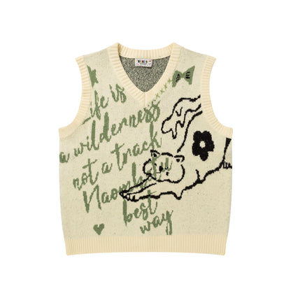 ⓀⓃⒾⓉ𒉽2025秋冬復古貓咪字母V領針織背心N-10