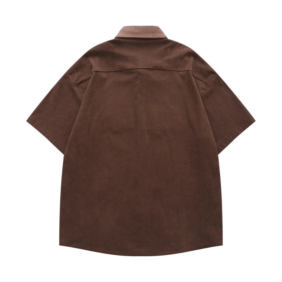 𝔼mbro 𝕊hirt𒉽美式復古趣味貓咪繡花燈芯絨短袖襯衫(棕色)
