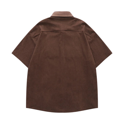 𝔼mbro 𝕊hirt𒉽美式復古趣味貓咪繡花燈芯絨短袖襯衫(棕色)