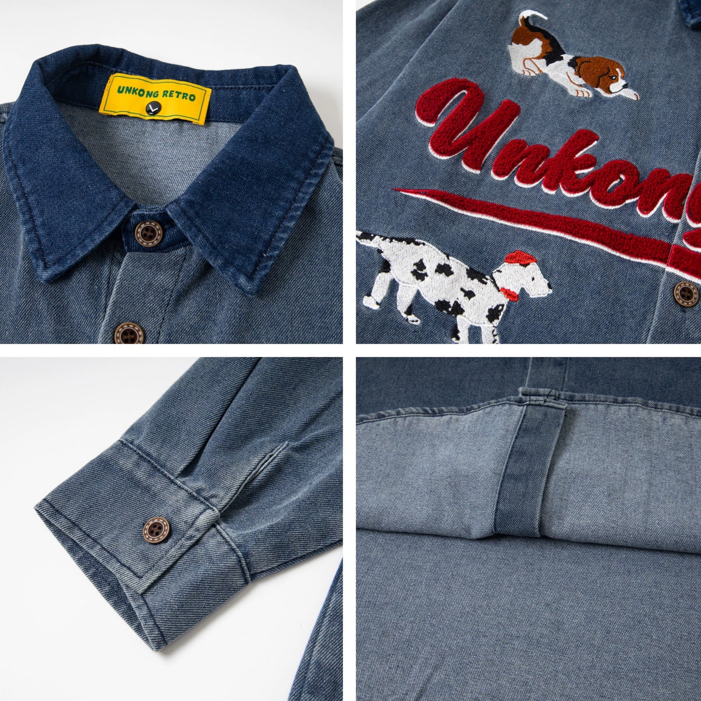 𝔼mbro 𝕊hirt𒉽2025秋冬小狗刺繡牛仔寬鬆襯衫N-40