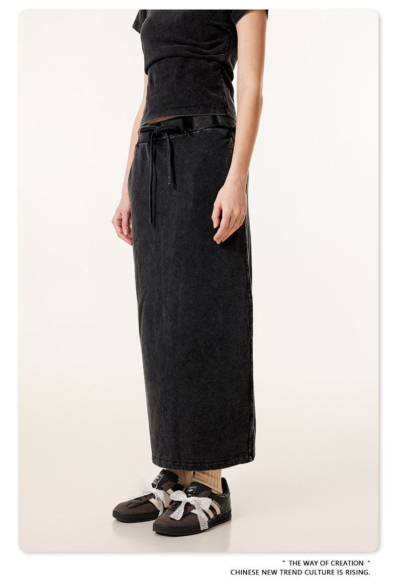 Fierce & Fitted 夏季辣妹必備INS緊身短款上衣 收腰直筒長裙套裝N-7 復古黑