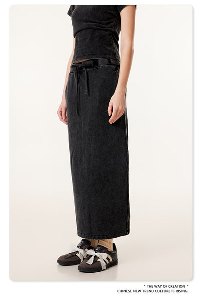 Fierce & Fitted 夏季辣妹必備INS緊身短款上衣 收腰直筒長裙套裝N-7 復古黑