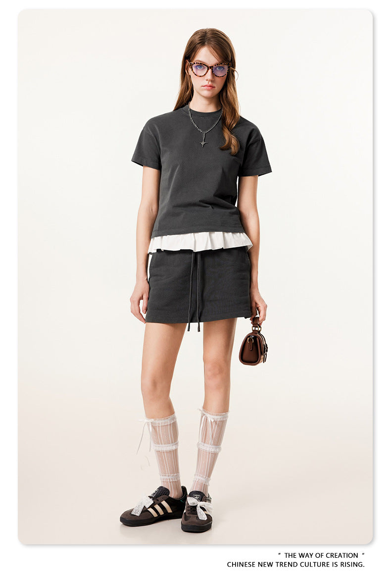 Fierce & Fitted 夏季美式高街水洗短袖上衣A字裙套裝	N-9 深灰色