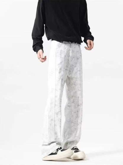 ♜  𝔽𝕦𝕤𝕚𝕠𝕟 𝔽𝕠𝕔𝕦𝕤  𖥟 𝖏𝖊𝖆𝖓𝖘  ☞ 高街扎染牛仔褲男女休閒半鬆緊小眾紹繼髒髒微喇叭牛仔長褲 B-25