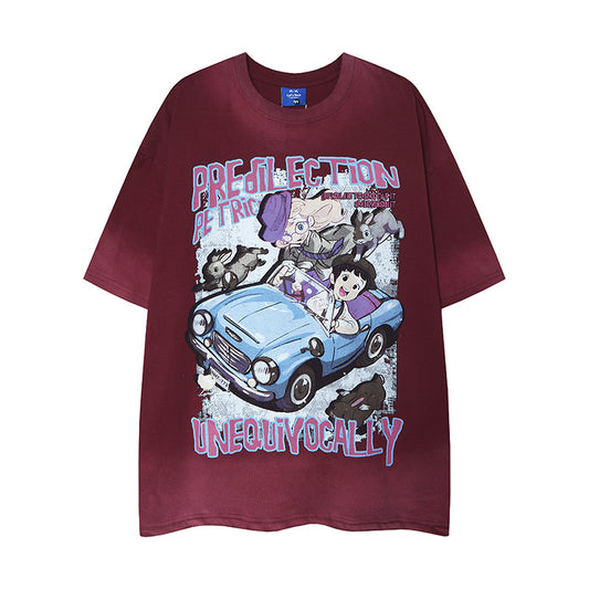 𝕃oose 𝔽it ☞𝟤𝟢𝟤𝟧 ☜美式復古渲染系列卡通印花男女中性 T-Shirt寬版上衣 RK-810