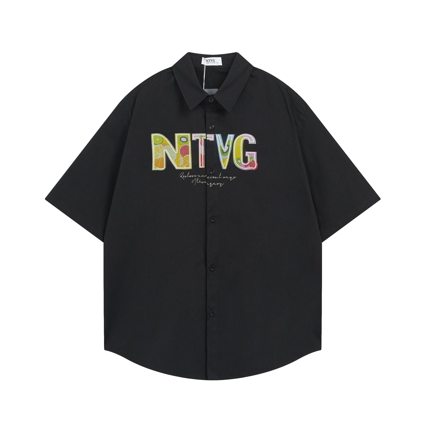 𝕃oose 𝔽it ☞𝟤𝟢𝟤𝟧 ☜美式復古彩色字母印花百搭休閒寬鬆襯衫 ɴᴛ𝟣𝟪 (黑色)