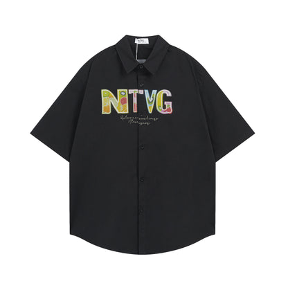 𝕃oose 𝔽it ☞𝟤𝟢𝟤𝟧 ☜美式復古彩色字母印花百搭休閒寬鬆襯衫 ɴᴛ𝟣𝟪 (黑色)