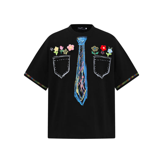 𝕃oose 𝔽it ☞𝟤𝟢𝟤𝟧 ☜領帶系列蠟筆塗鴉圓領寬版上衣A-3