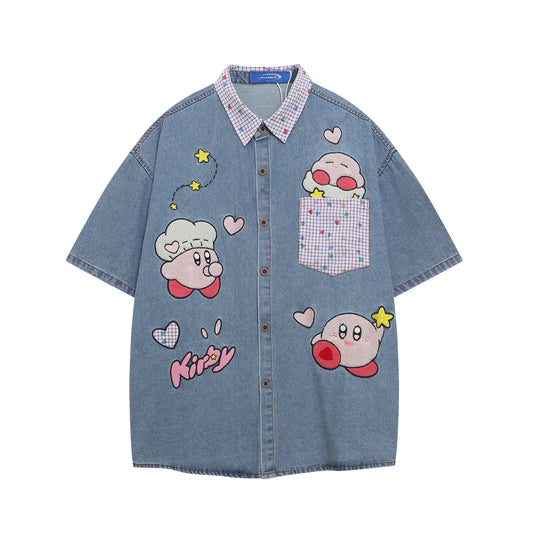 𝔼mbro 𝕊hirt𒉽 美式復古趣味卡通毛巾繡牛仔百搭寬鬆襯衫  N-09