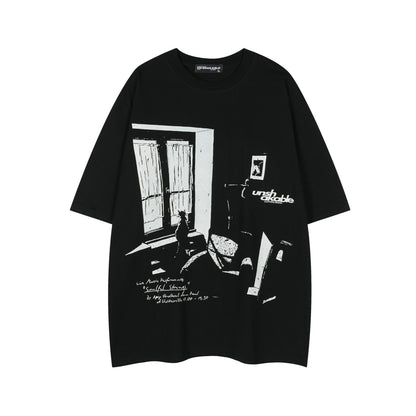 𝕃oose 𝔽it ☞𝟤𝟢𝟤𝟧 ☜美式復古孤獨小貓印花男女中性 T-Shirt寬版上衣 SR-71