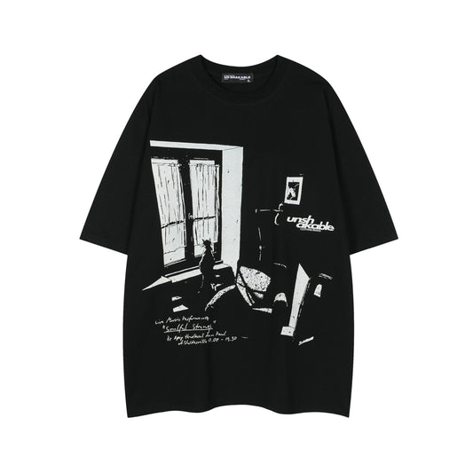 𝕃oose 𝔽it ☞𝟤𝟢𝟤𝟧 ☜美式復古孤獨小貓印花男女中性 T-Shirt寬版上衣 SR-71