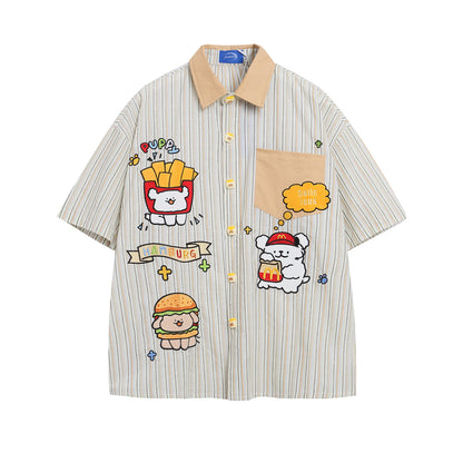 𝔼mbro 𝕊hirt𒉽美式復古可愛動物刺繡短袖百搭襯衫外套IN-567