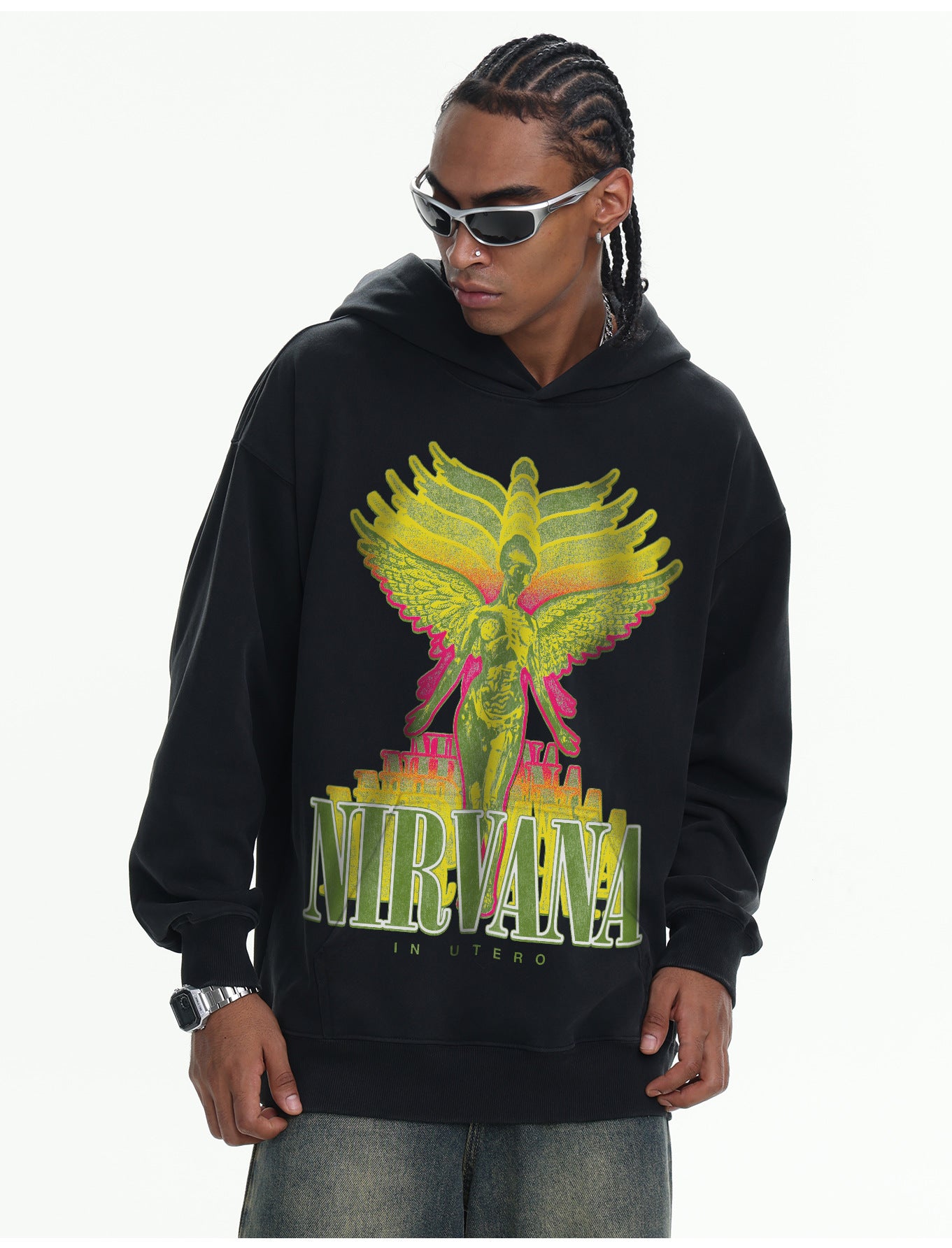 ♛𝔽𝕦𝕤𝕚𝕠𝕟 𝔽𝕠𝕔𝕦𝕤 ♛410G重磅水洗美式復古NIRVANA連帽大學T  FZ-54