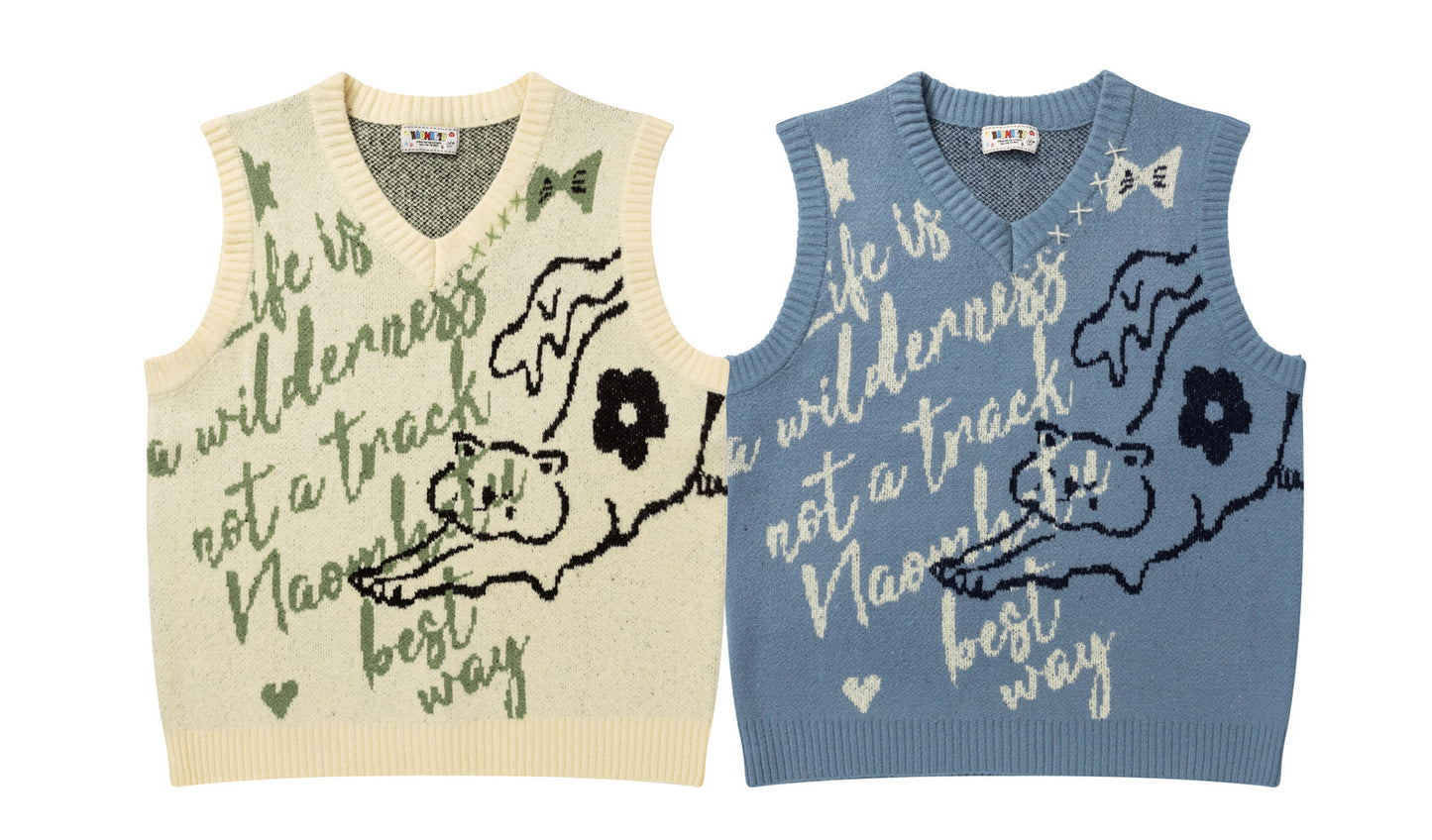 ⓀⓃⒾⓉ𒉽2025秋冬復古貓咪字母V領針織背心N-10