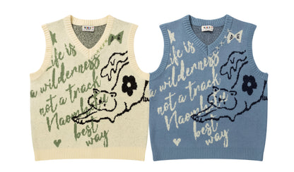 ⓀⓃⒾⓉ𒉽2025秋冬復古貓咪字母V領針織背心N-10