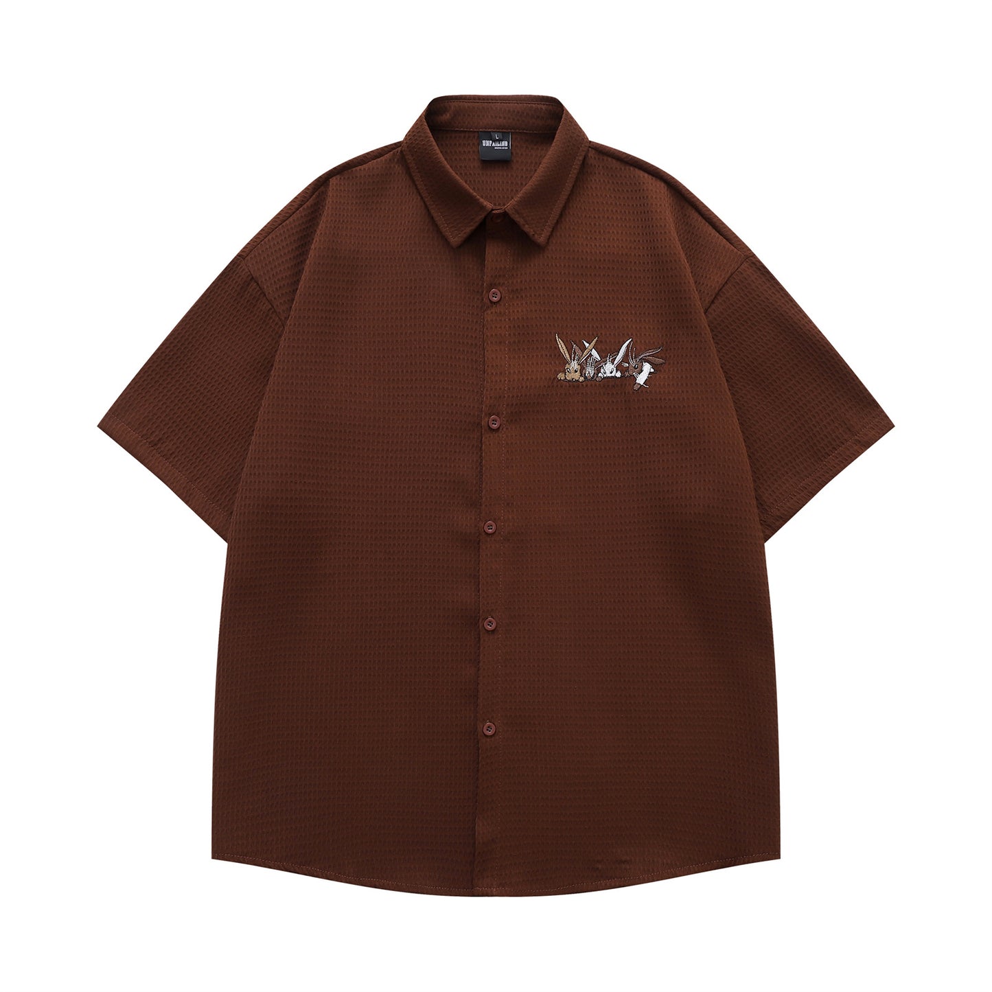 𝔼mbro 𝕊hirt𒉽日式復古兔子刺繡華夫格百搭寬鬆襯衫YD-01