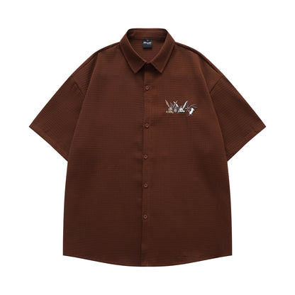 𝔼mbro 𝕊hirt𒉽日式復古兔子刺繡華夫格百搭寬鬆襯衫YD-01