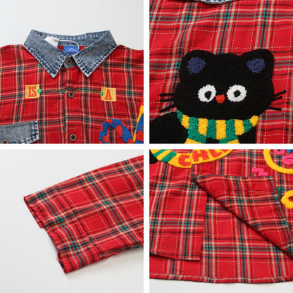 𝔼mbro 𝕊hirt𒉽2025秋冬卡通小貓刺繡寬鬆襯衫外套C-69