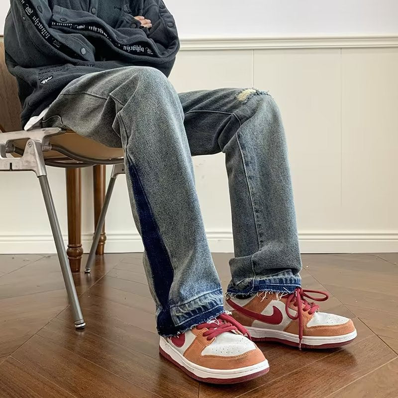 ♜  𝔽𝕦𝕤𝕚𝕠𝕟 𝔽𝕠𝕔𝕦𝕤  𖥟 𝖏𝖊𝖆𝖓𝖘  ☞ 水洗破洞牛仔褲春季新款潮牌ins時尚寬鬆休閒直筒褲 D-105