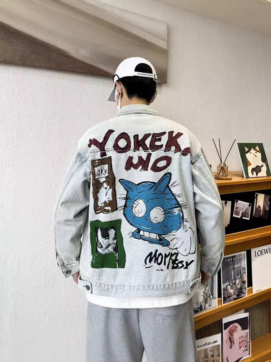 snɔoɟ uoı̣snɟ - 美式街頭做舊時尚卡通印花水洗高街牛仔夾克外套 Bc-007