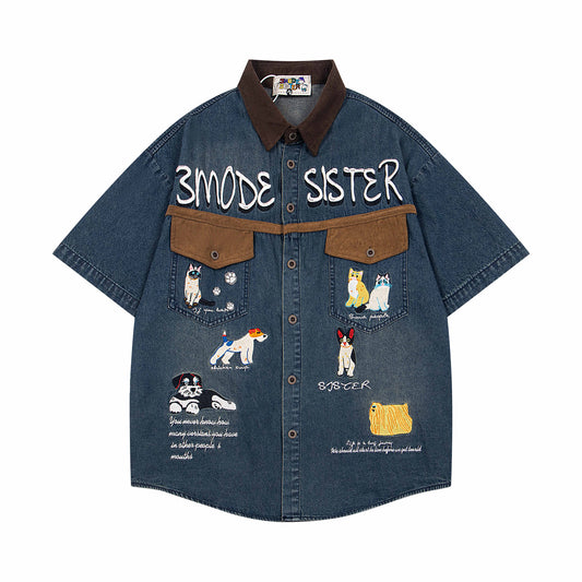 𝔼mbro 𝕊hirt𒉽美式復古撞色動物刺繡短袖牛仔襯衫外套 MO-50