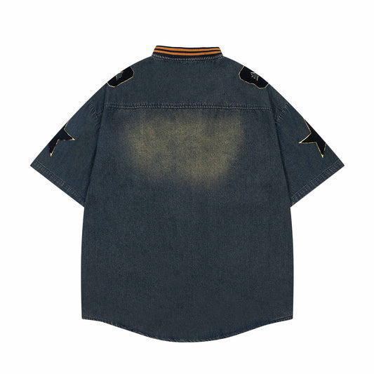 𝔼mbro 𝕊hirt𒉽美式復古字母刺繡牛仔寬鬆襯衫外套 U-7