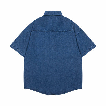 𝔼mbro 𝕊hirt𒉽美式復古趣味卡通貼布繡花短袖牛仔襯衫外套(深藍色)