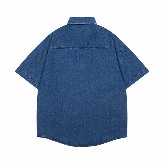 𝔼mbro 𝕊hirt𒉽美式復古趣味卡通貼布繡花短袖牛仔襯衫外套(深藍色)