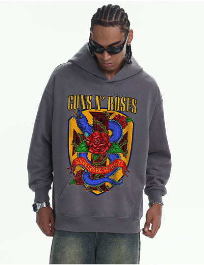 ♛𝔽𝕦𝕤𝕚𝕠𝕟 𝔽𝕠𝕔𝕦𝕤 ♛410G重磅水洗美式復古GUN ROSE連帽大學T  FZ-43