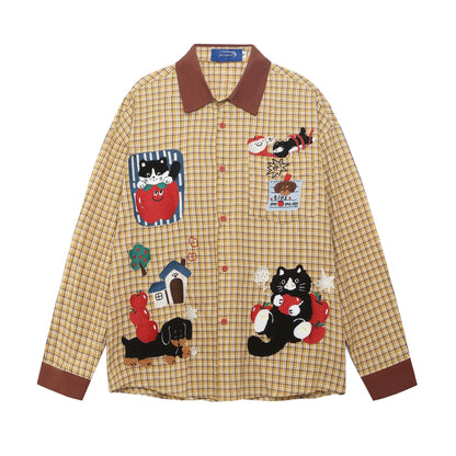 𝔼mbro 𝕊hirt𒉽2025秋冬貓咪刺繡寬鬆襯衫外套S-80