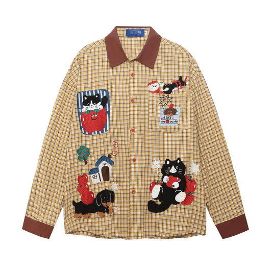 𝔼mbro 𝕊hirt𒉽2025秋冬貓咪刺繡寬鬆襯衫外套S-80