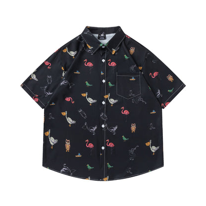 𝕃oose 𝔽it ☞𝟤𝟢𝟤𝟧 ☜日式復古可愛小鳥滿版印花百搭休閒寬鬆襯衫 RF179