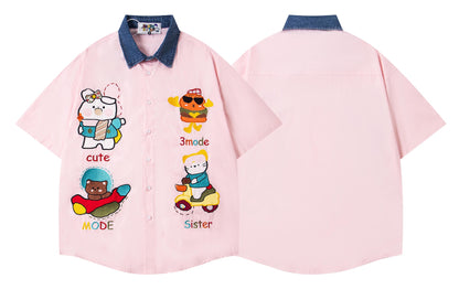 𝔼mbro 𝕊hirt𒉽美式復古可愛動物刺繡休閒寬鬆襯衫 3MO-6