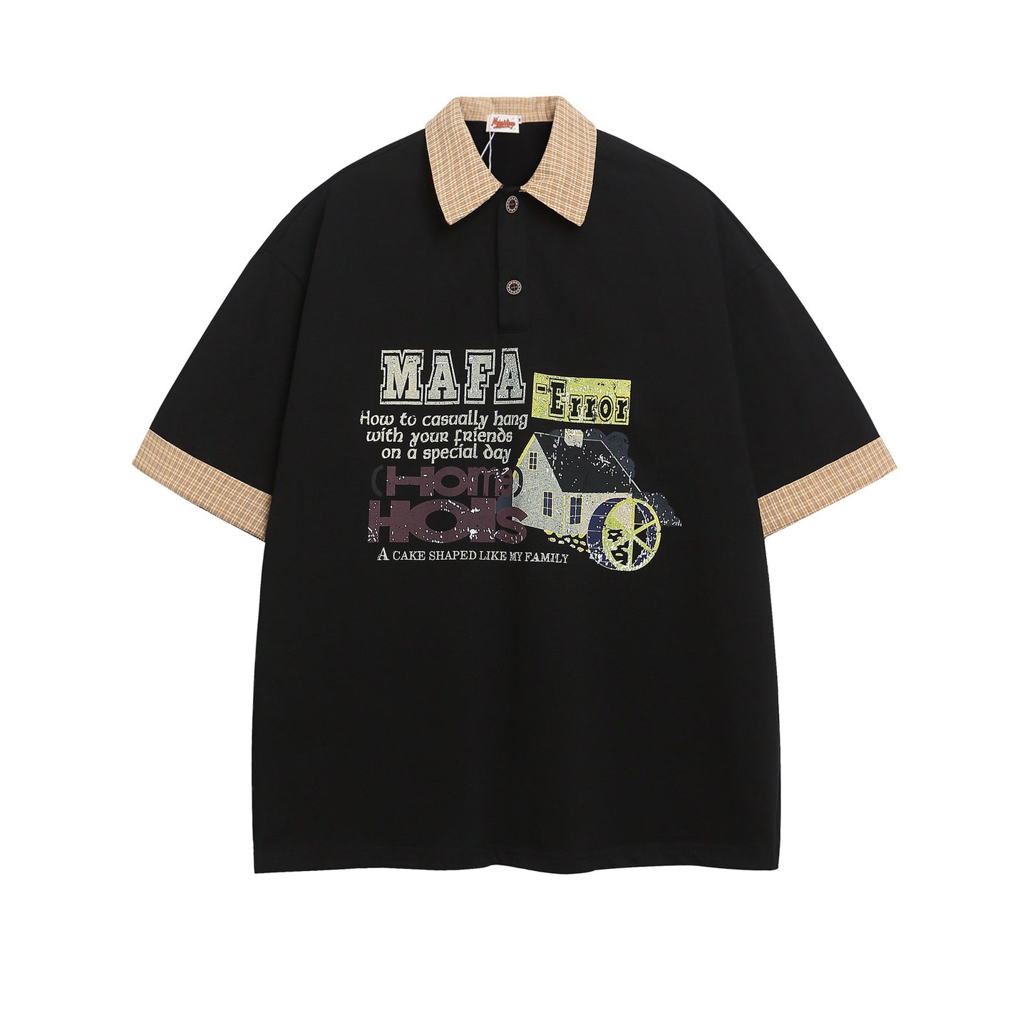 Polo Shirt𒉽美式復古印花拼接假兩件翻領POLO衫I-37