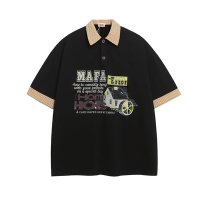 Polo Shirt𒉽美式復古印花拼接假兩件翻領POLO衫I-37