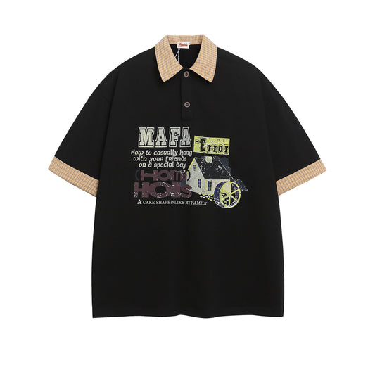 Polo Shirt𒉽美式復古印花拼接假兩件翻領POLO衫I-37