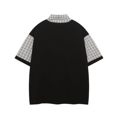 Polo Shirt𒉽美式復古印花拼接假兩件翻領POLO衫I-510