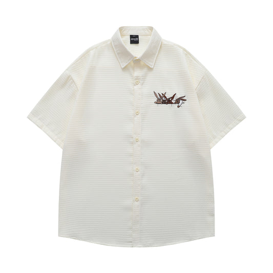 𝔼mbro 𝕊hirt𒉽日式復古兔子刺繡華夫格百搭寬鬆襯衫YD-01